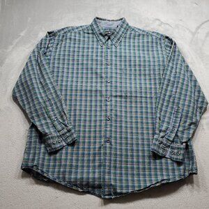 Cotton Traders Button Down Plaid Shirt 1Pocket Green Blue Black White Men Sz XL